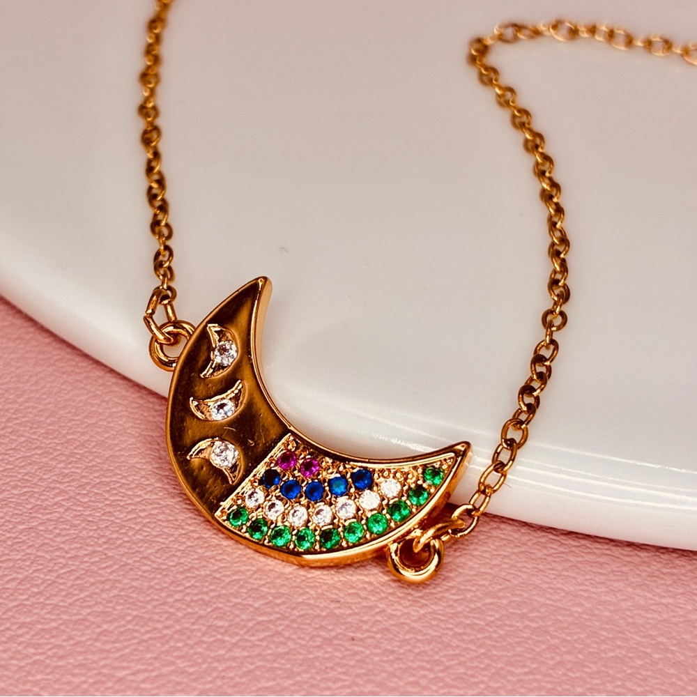 Half Moon Pave Colorful CZ Dainty Chain Necklace in Gold